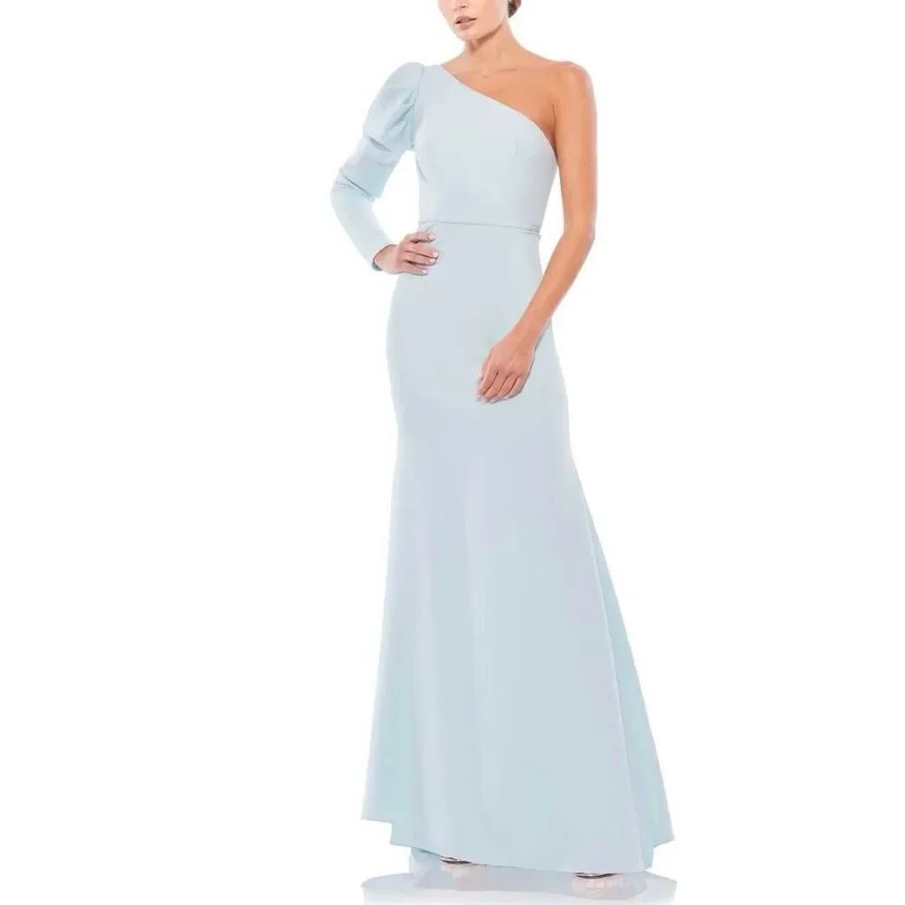 NWT MacDuggal Women's Ieena One Shoulder Puff Sleeve Crepe Gown Size 8 Ice Blue